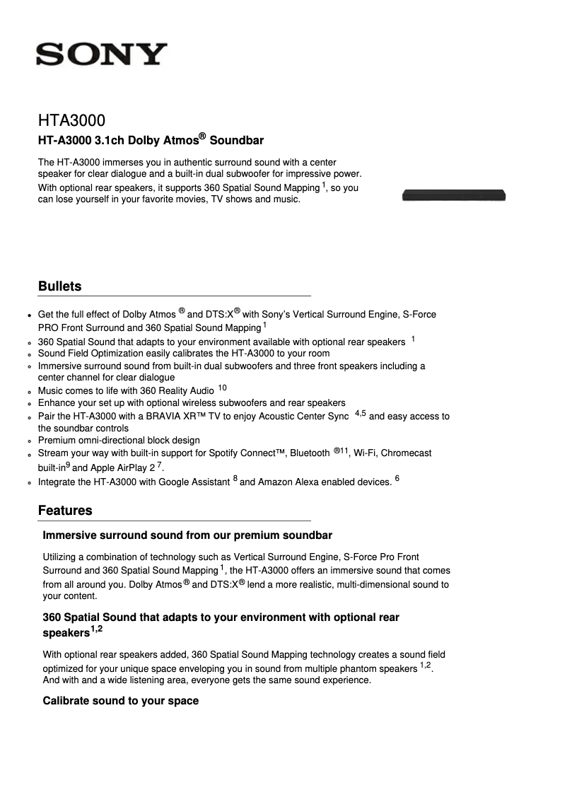 Page 1 de la notice Fiche technique Sony HT-A3000