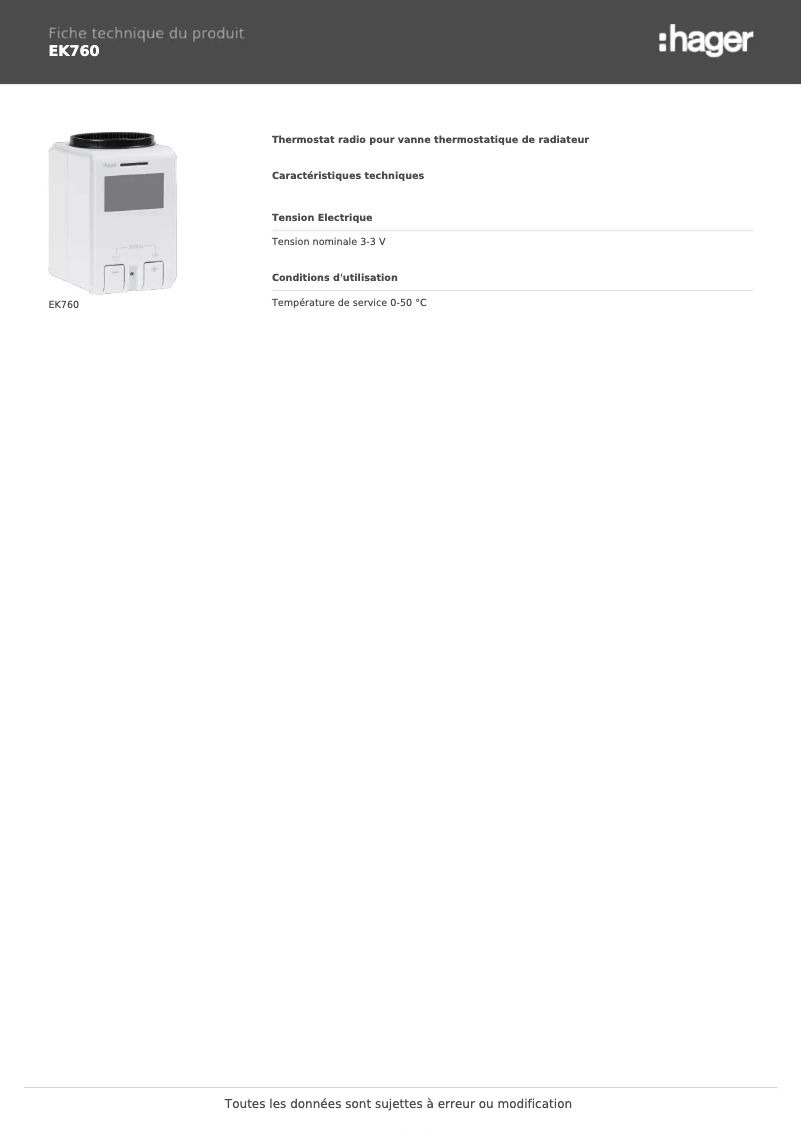 Page n°1 - Fiche technique Hager EK760