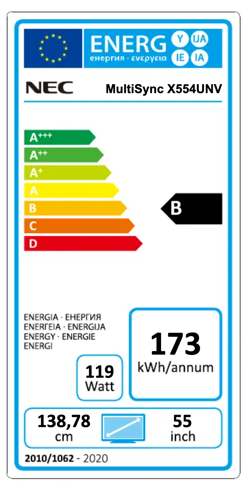 Page 1 de la notice Label énergétique NEC MultiSync X554UNV