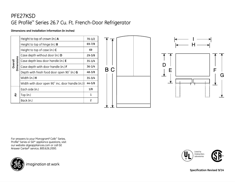 Page 1 de la notice Fiche technique GE Profile PFE27KSDSS