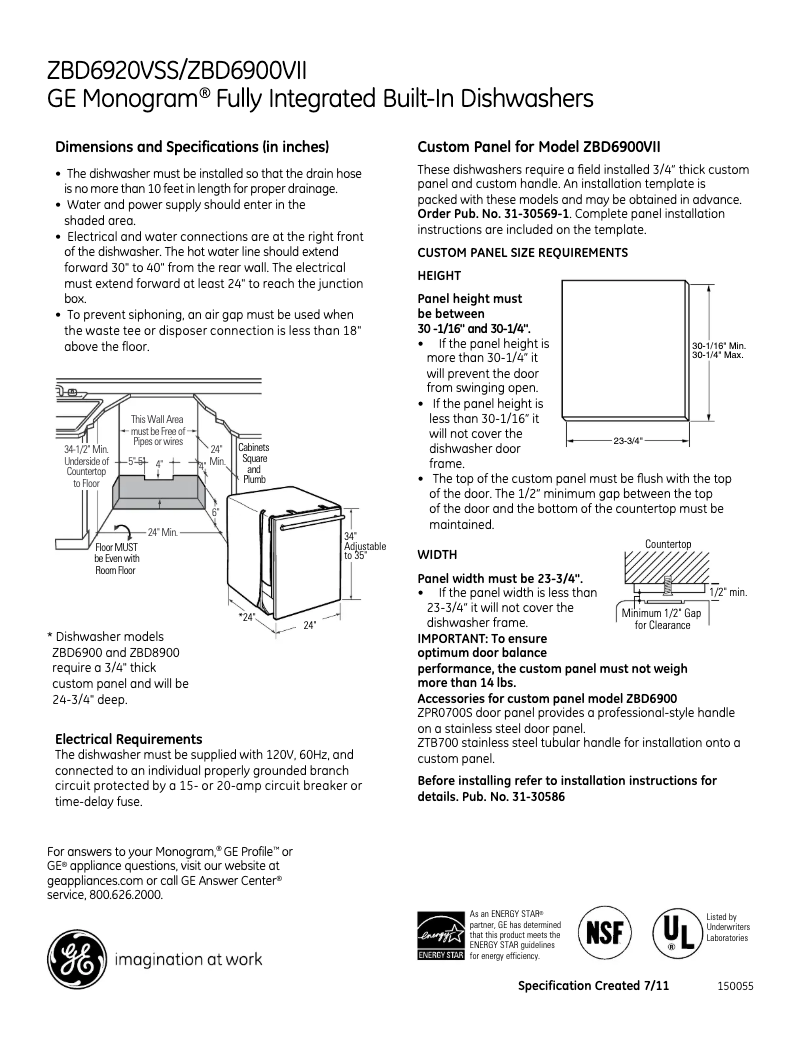 Page n°1 - Fiche technique GE ZBD6920VSS