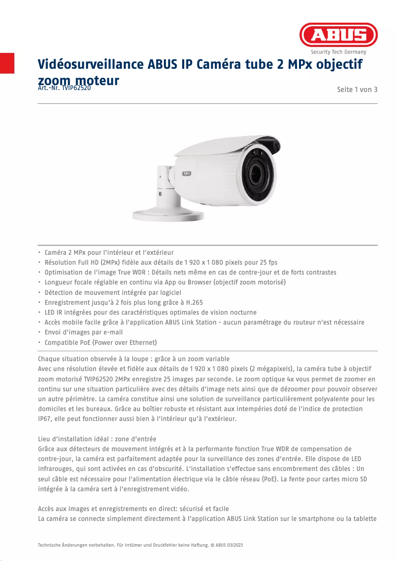 Page 1 de la notice Fiche technique Abus TVIP62520