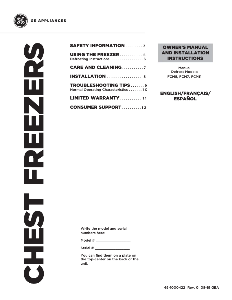 Page n°1 - Manuel d'utilisation et d'entretien GE FCM5STWW