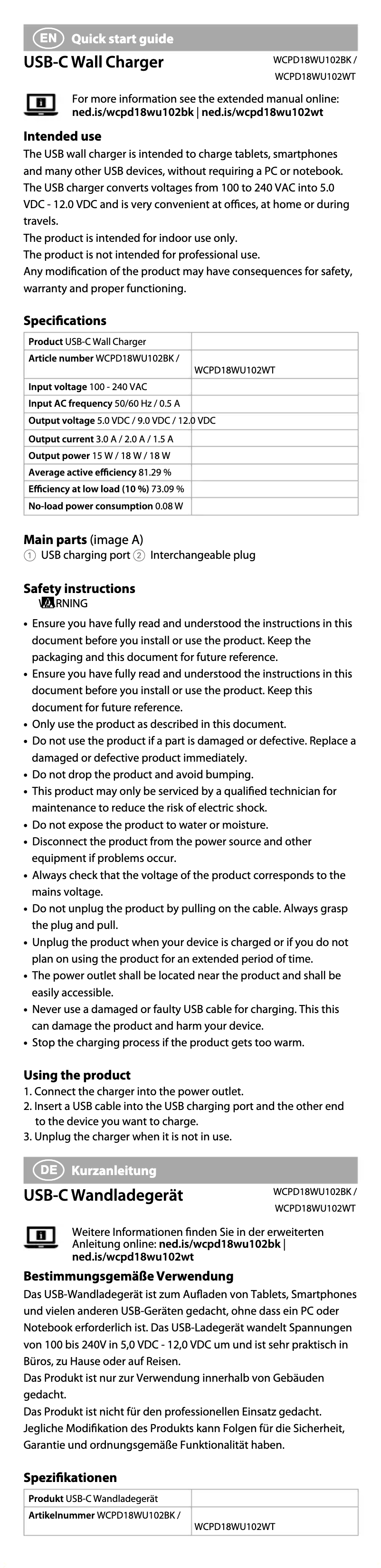 Page 1 de la notice Manuel utilisateur Nedis WCPD18WU102BK