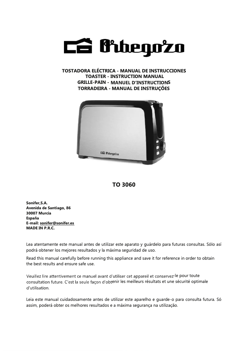 Page n°1 - Manuel utilisateur Orbegozo TO 3060