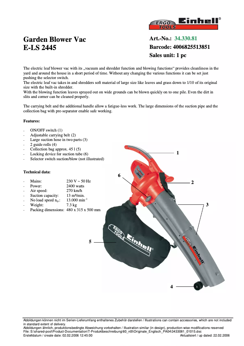 Page n°1 - Fiche technique Ergotools Pattfield E-LS 2445