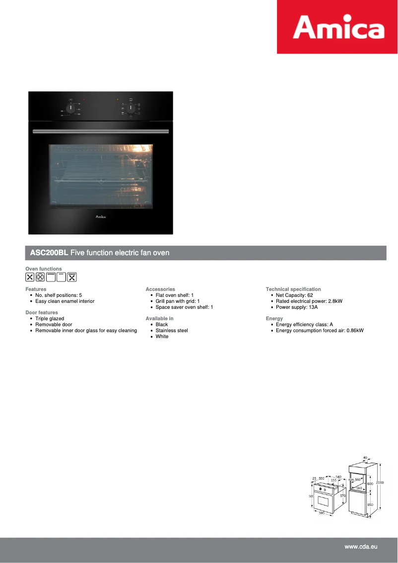 Page 1 de la notice Fiche technique Amica ASC200BL