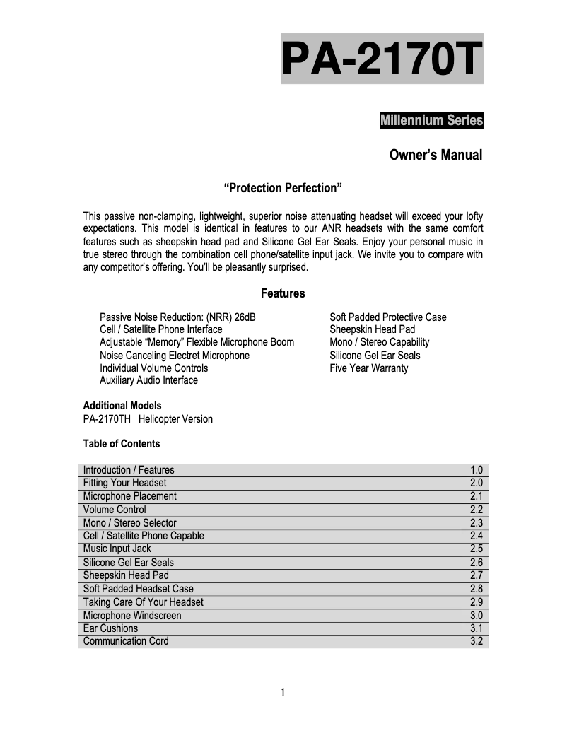 Page n°1 - Manuel utilisateur Pilot PA-2170TH