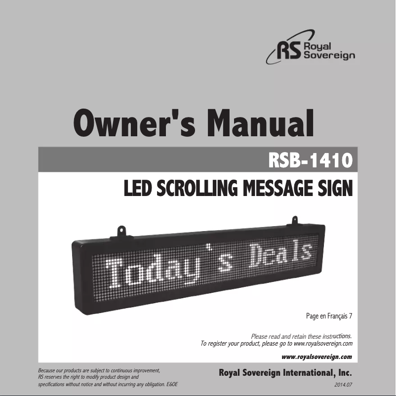 Page n°1 - Manuel utilisateur Royal Sovereign RSB-1410