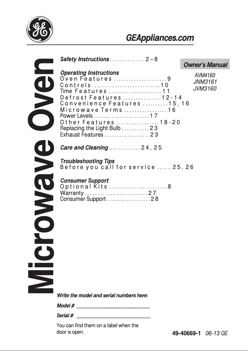 Page n°1 - Manuel d'utilisation et d'entretien GE RVM5160DHBB