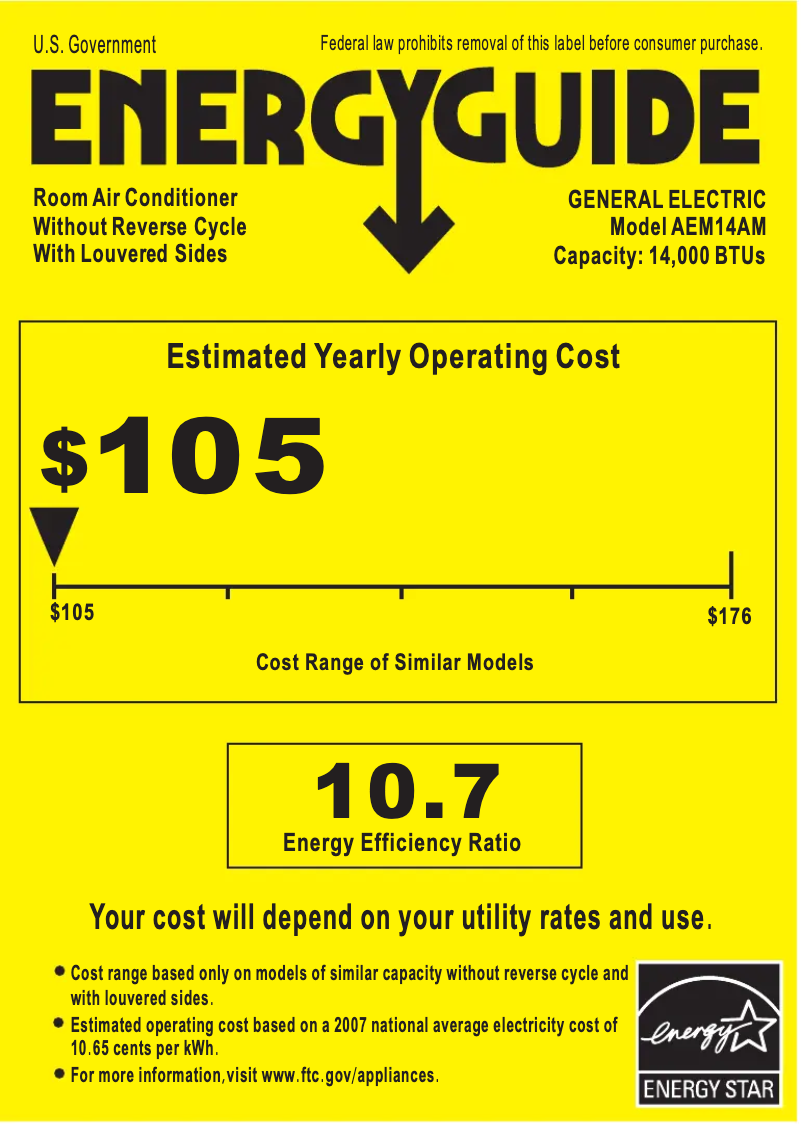 Page 1 de la notice Label énergétique GE AEM14AM