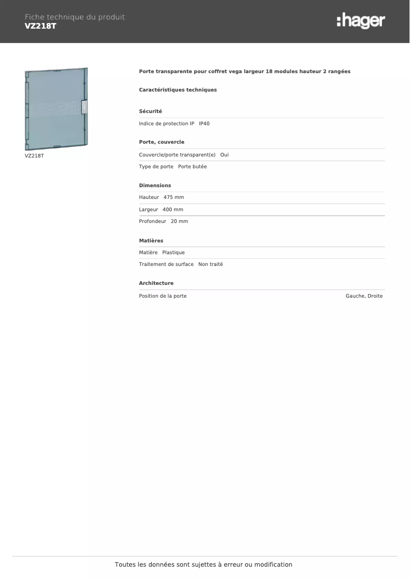 Page n°1 - Fiche technique Hager VZ218T
