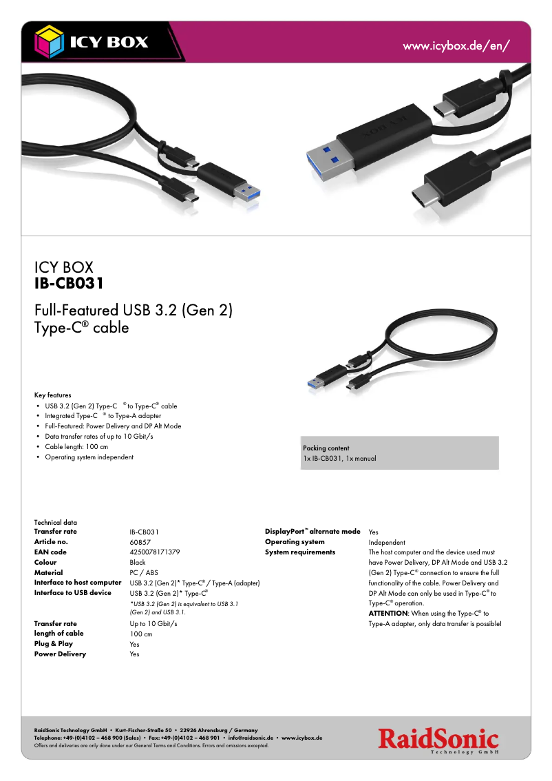 Page 1 de la notice Fiche technique Icy Box IB-CB031