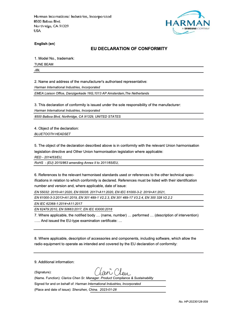 Page 1 de la notice Manuel utilisateur JBL Tune Beam