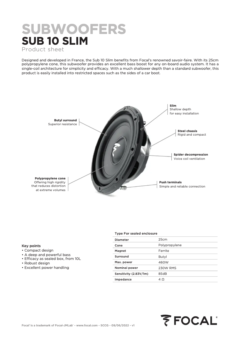 Page 1 de la notice Fiche technique Focal Sub 10 Slim