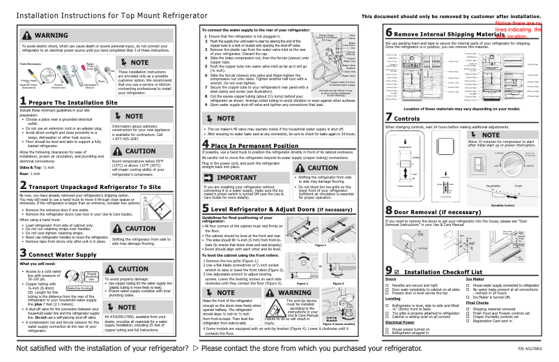 Page n°1 - Guide d'installation Frigidaire FFTR1621QW
