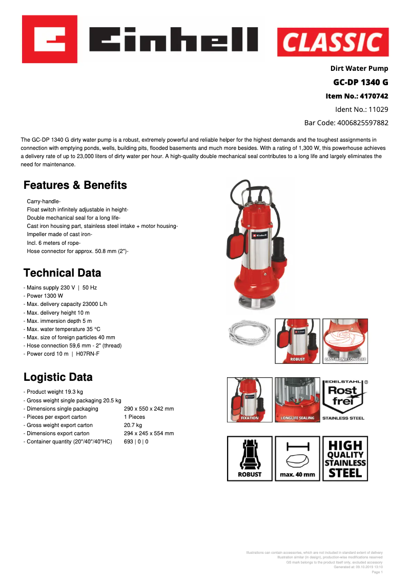 Page 1 de la notice Fiche technique Einhell GC-DP 1340 G