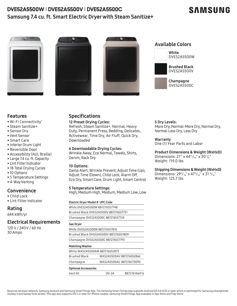 Page 1 de la notice Fiche technique Samsung DVE52A5500V