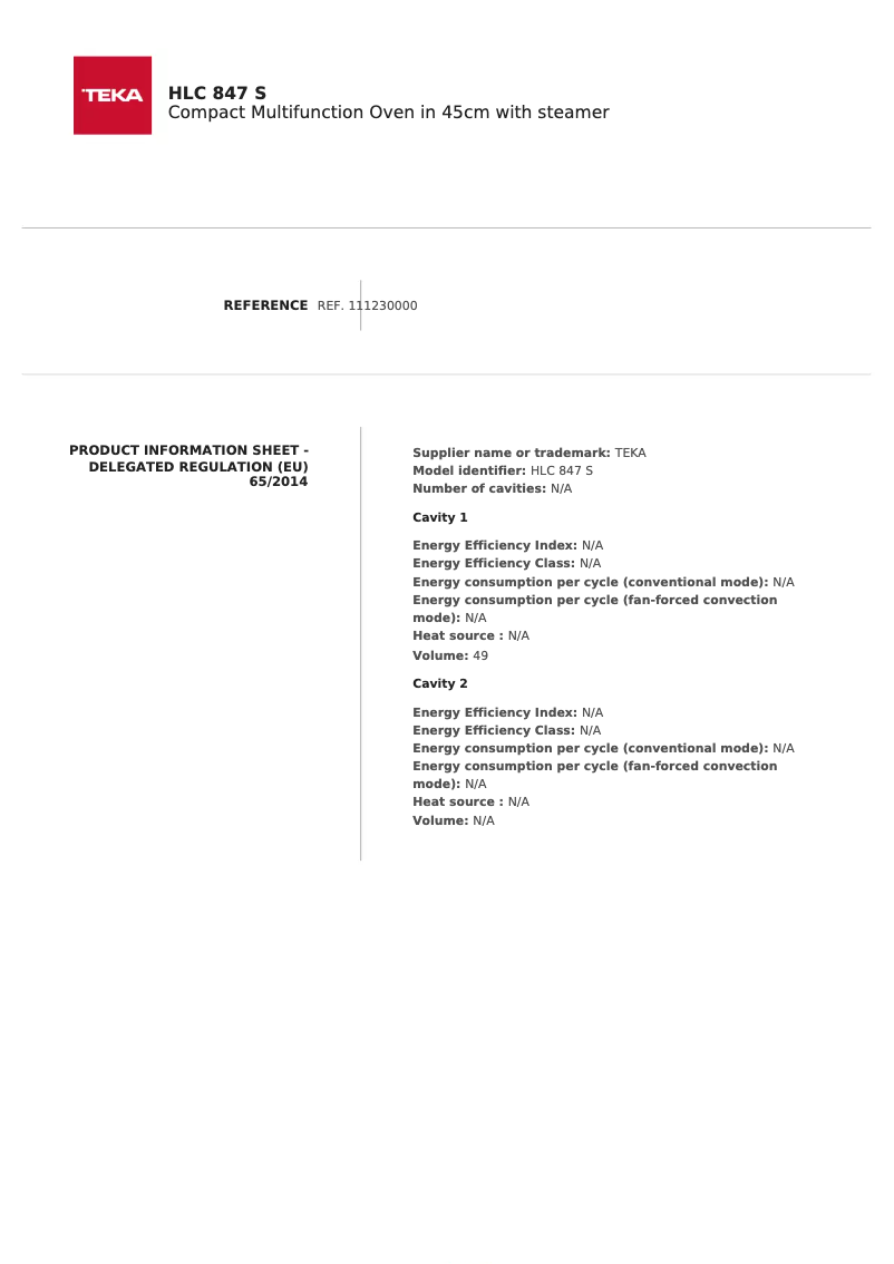Page 1 de la notice Fiche technique Teka HLC 847 S