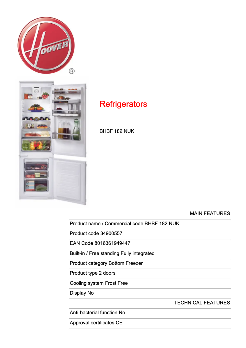 Page n°1 - Fiche technique Hoover BHBF 182 NUK