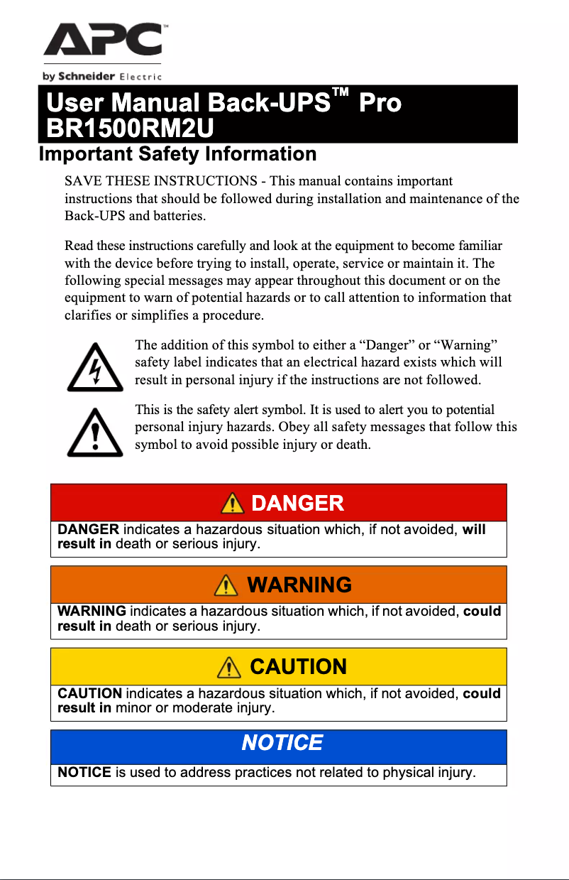 Page n°1 - Manuel utilisateur APC Back-UPS Pro BR1500RM2U