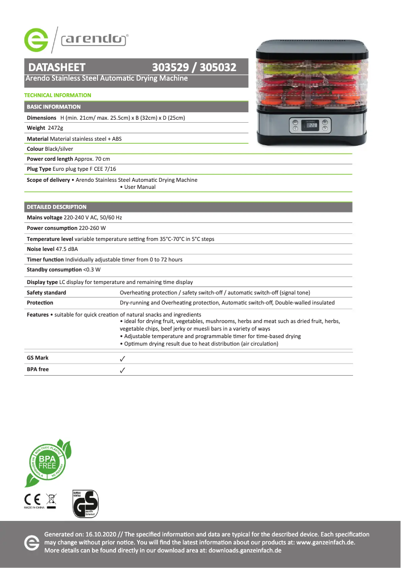 Page n°1 - Fiche technique Arendo 303529