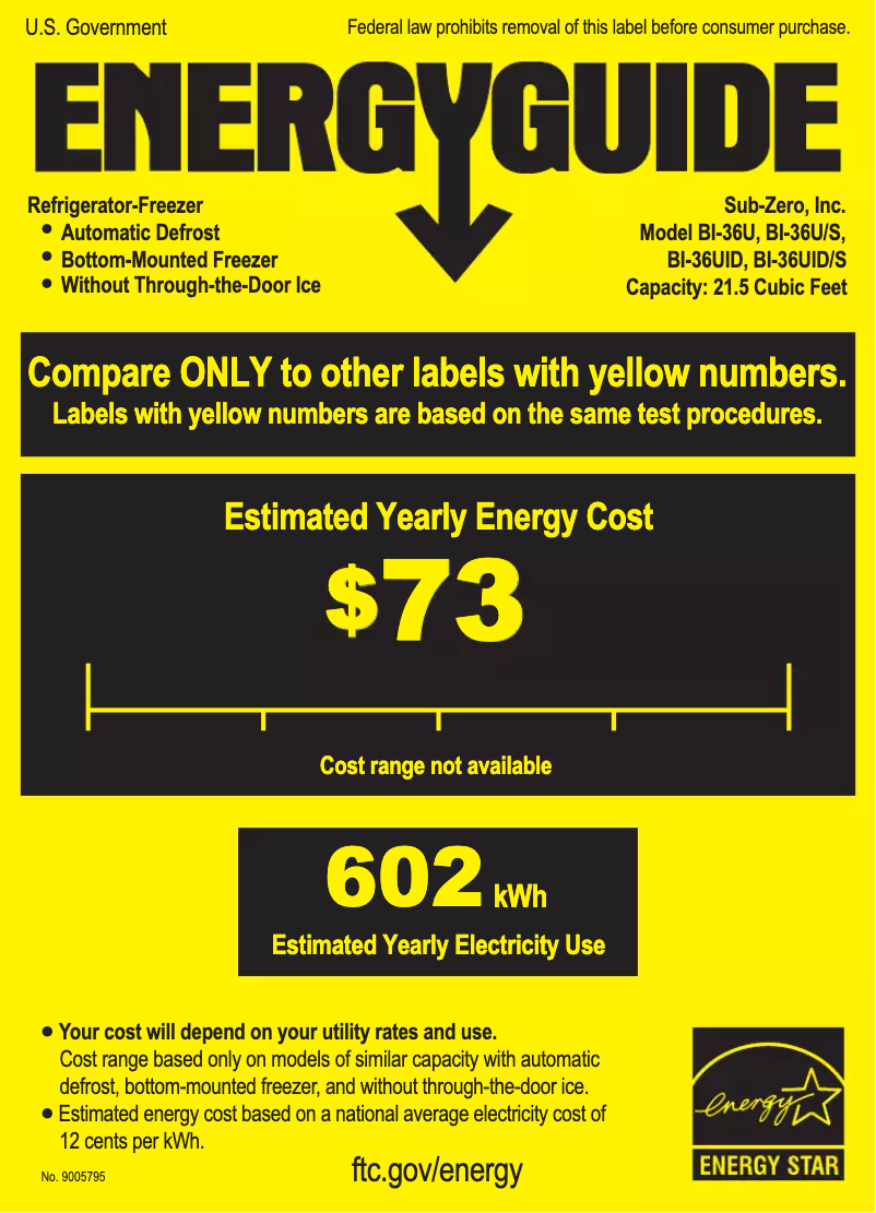 Page 1 de la notice Label énergétique Sub-Zero BI-36U/O-LH