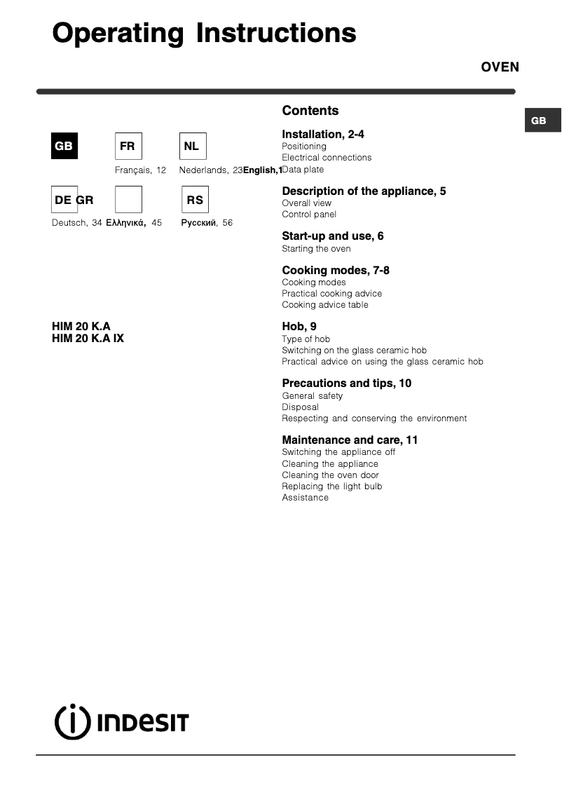 Page n°1 - Manuel utilisateur Indesit HIM 20 K.A IX