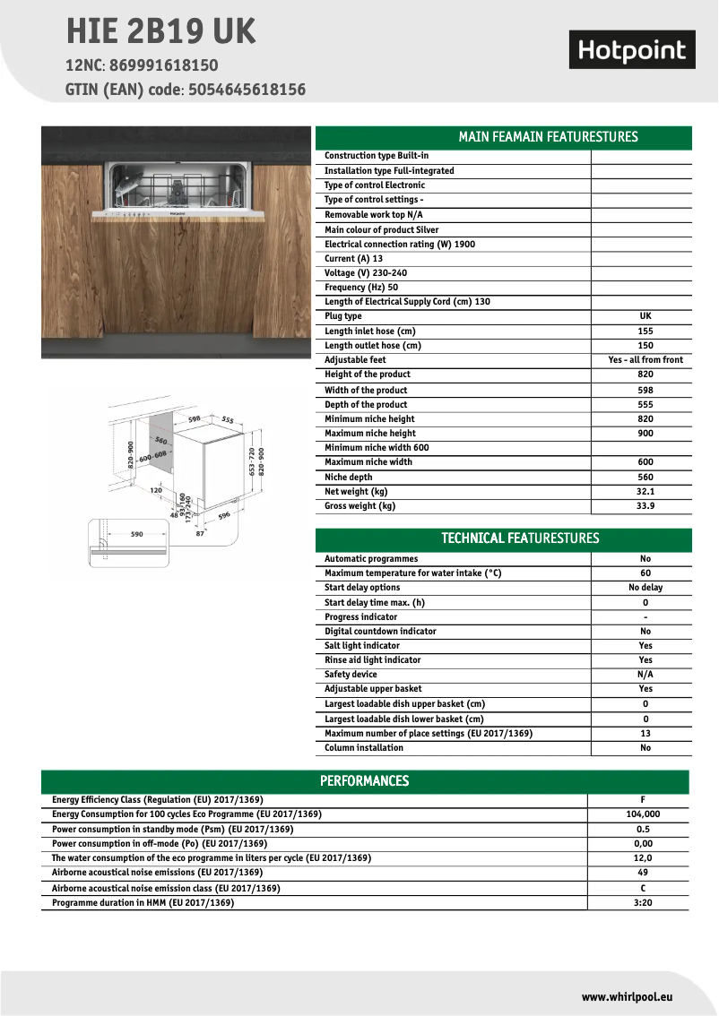 Page 1 de la notice Fiche technique Hotpoint HIE 2B19 UK