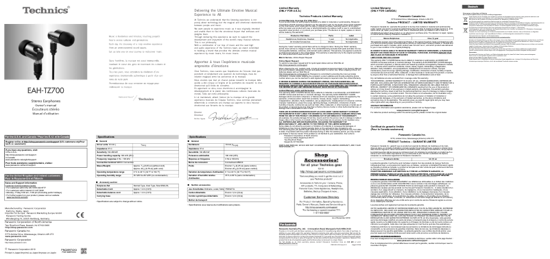 Page 1 de la notice Manuel utilisateur Technics EAH-F50B