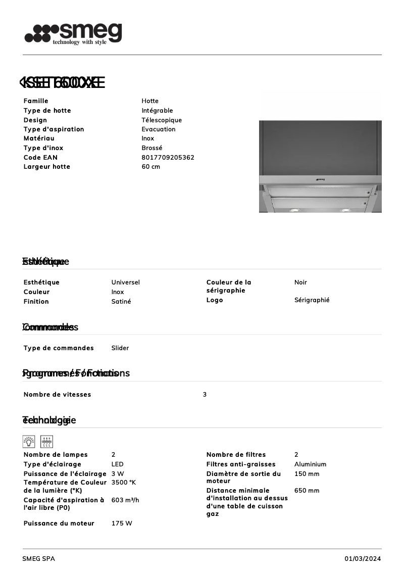 Page 1 de la notice Fiche technique Smeg KSET600XE