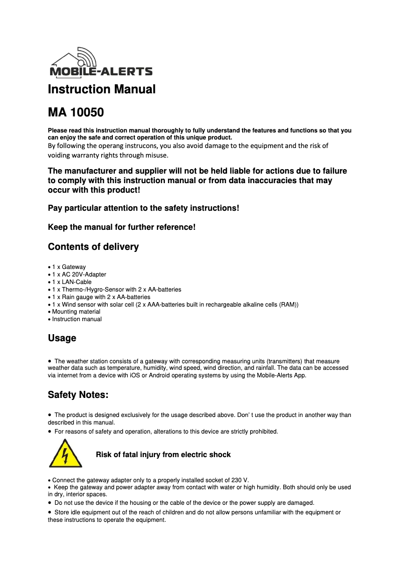Page 1 de la notice Manuel utilisateur Techno Line MA 10050