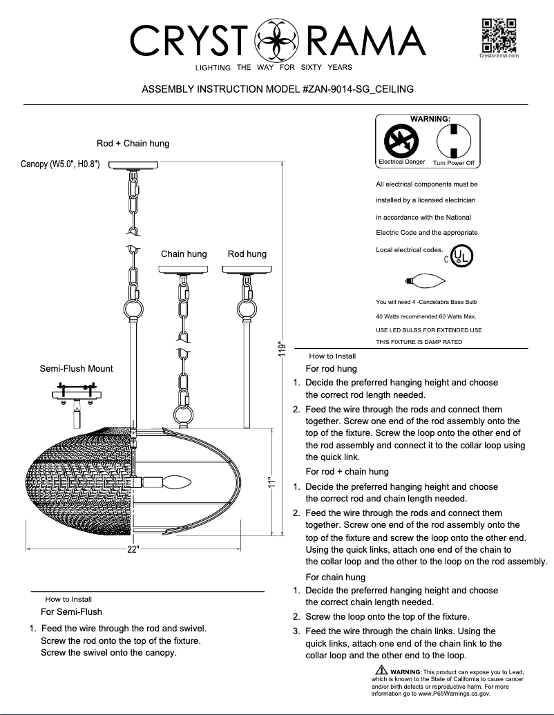 Page 1 de la notice Manuel utilisateur Crystorama Zanzibar ZAN-9014-SG_CEILING