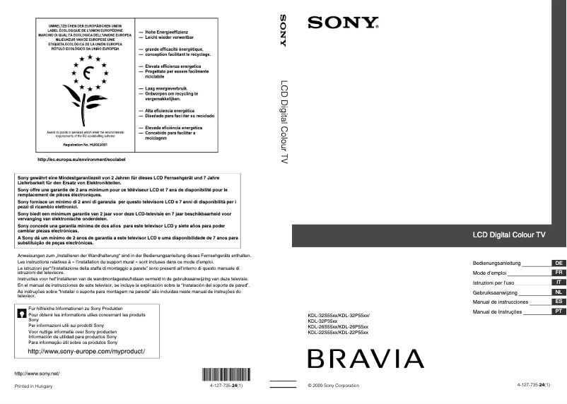 Page 1 de la notice Manuel utilisateur Sony Bravia KDL-22P5500