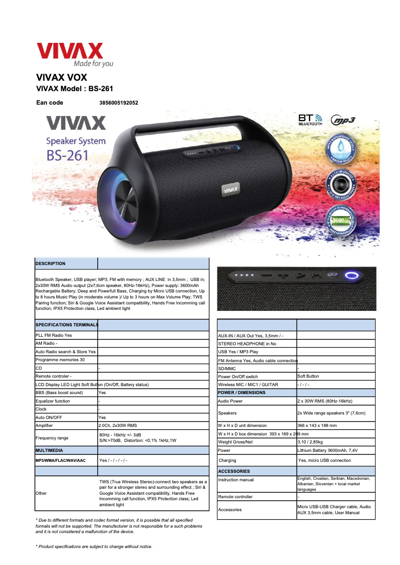 Page 1 de la notice Manuel utilisateur Vivax BS-261