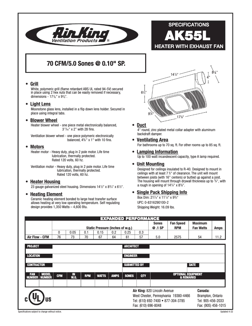 Page 1 de la notice Fiche technique Air King AK55L