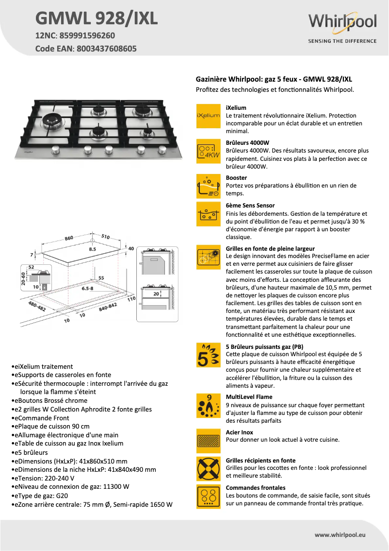 Page 1 de la notice Fiche technique Whirlpool GMWL 928/IXL