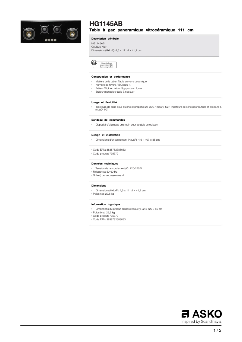 Page n°1 - Fiche technique Asko HG1145AB