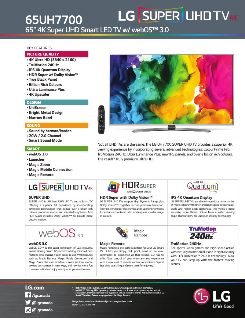 Page 1 de la notice Fiche technique LG 65UH7700