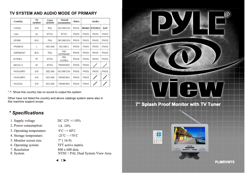 Page 1 de la notice Manuel utilisateur Pyle PLMRVW75