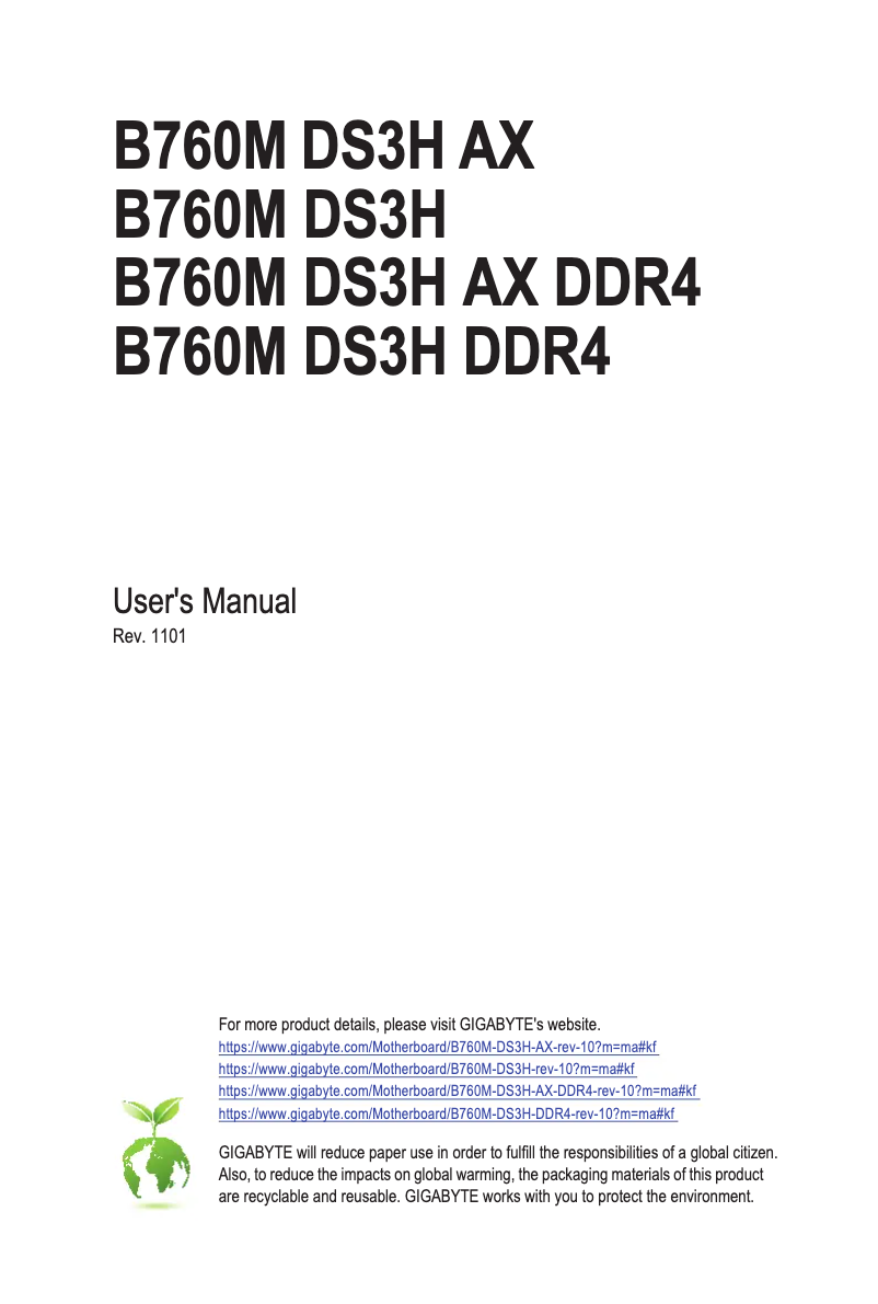Page 1 de la notice Manuel utilisateur Gigabyte B760M DS3H DDR4