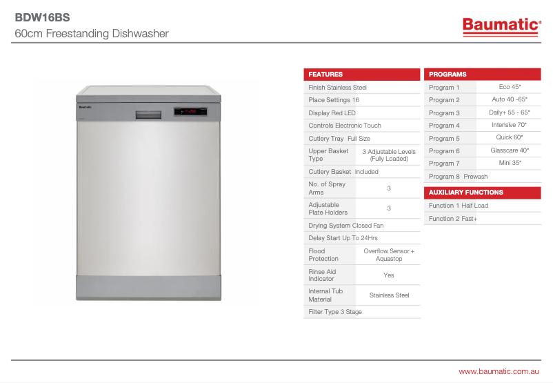 Page 1 de la notice Fiche technique Baumatic BDW16BS