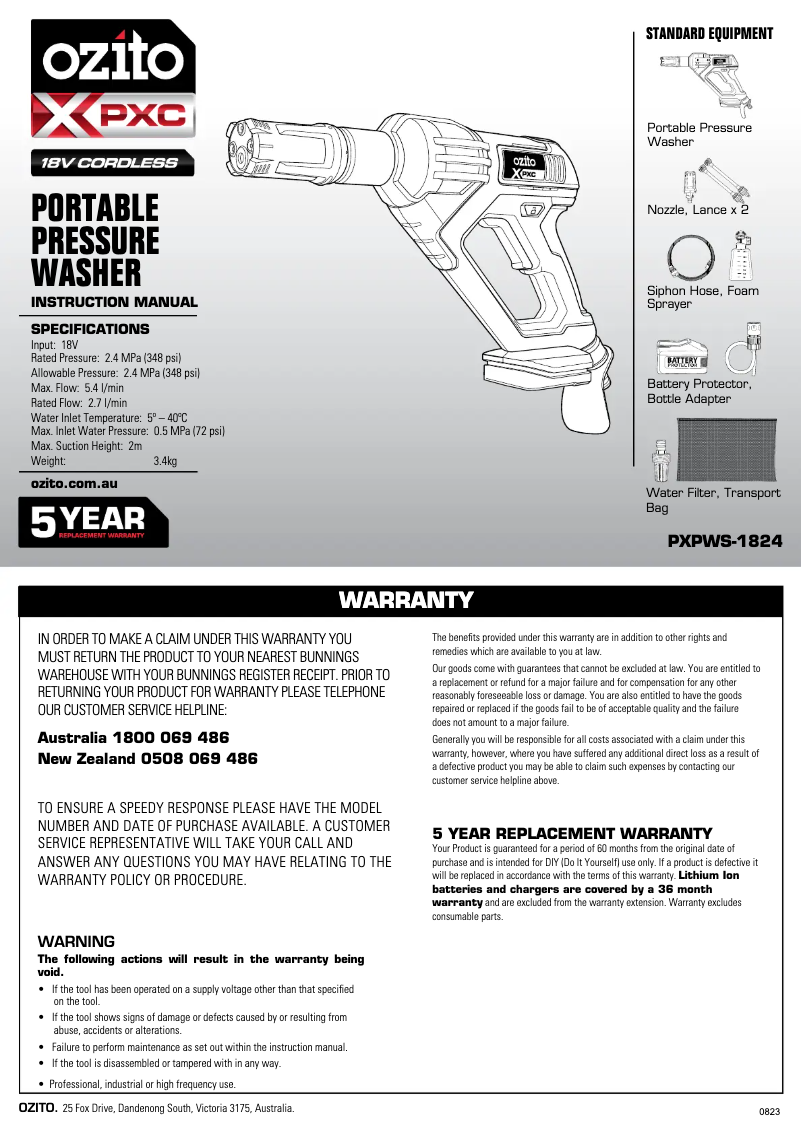 Página 1 del manual Manual de usuario Ozito PXPWK-2524
