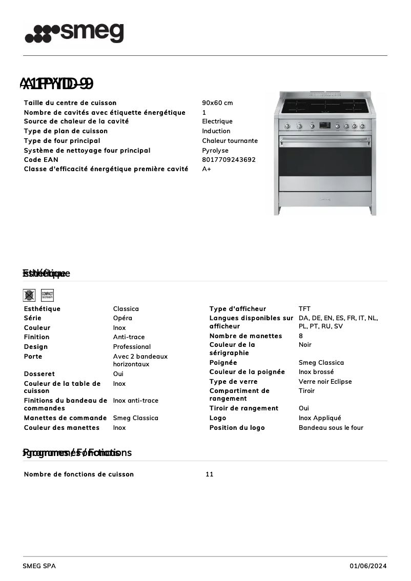 Page 1 de la notice Fiche technique Smeg A1PYID-9
