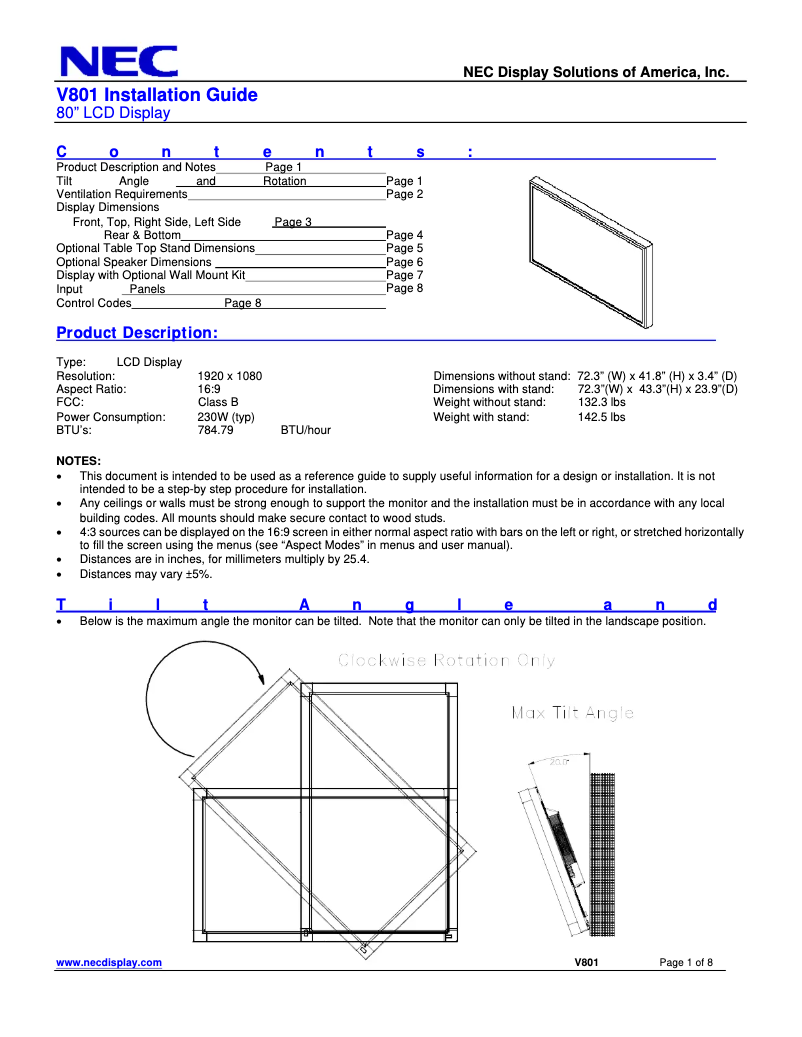 Page 1 de la notice Manuel utilisateur NEC MultiSync V801-AVT