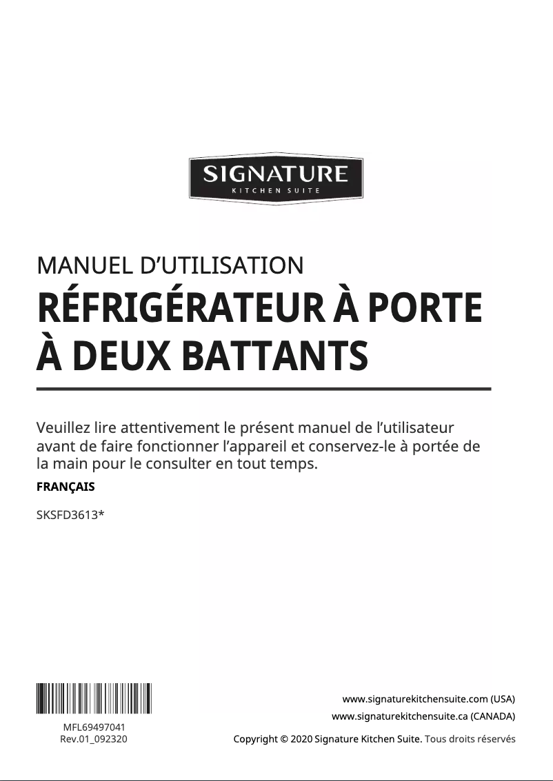 Page 1 de la notice Manuel utilisateur LG SKSFD3613S