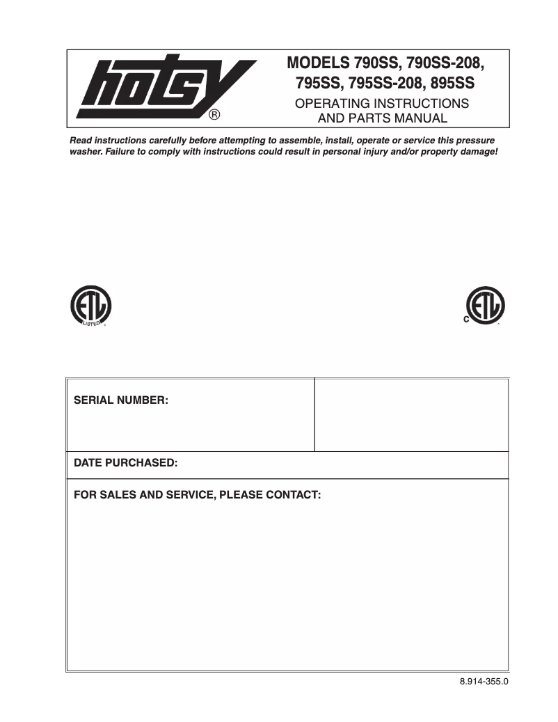 Page 1 de la notice Manuel utilisateur Hotsy 895SS