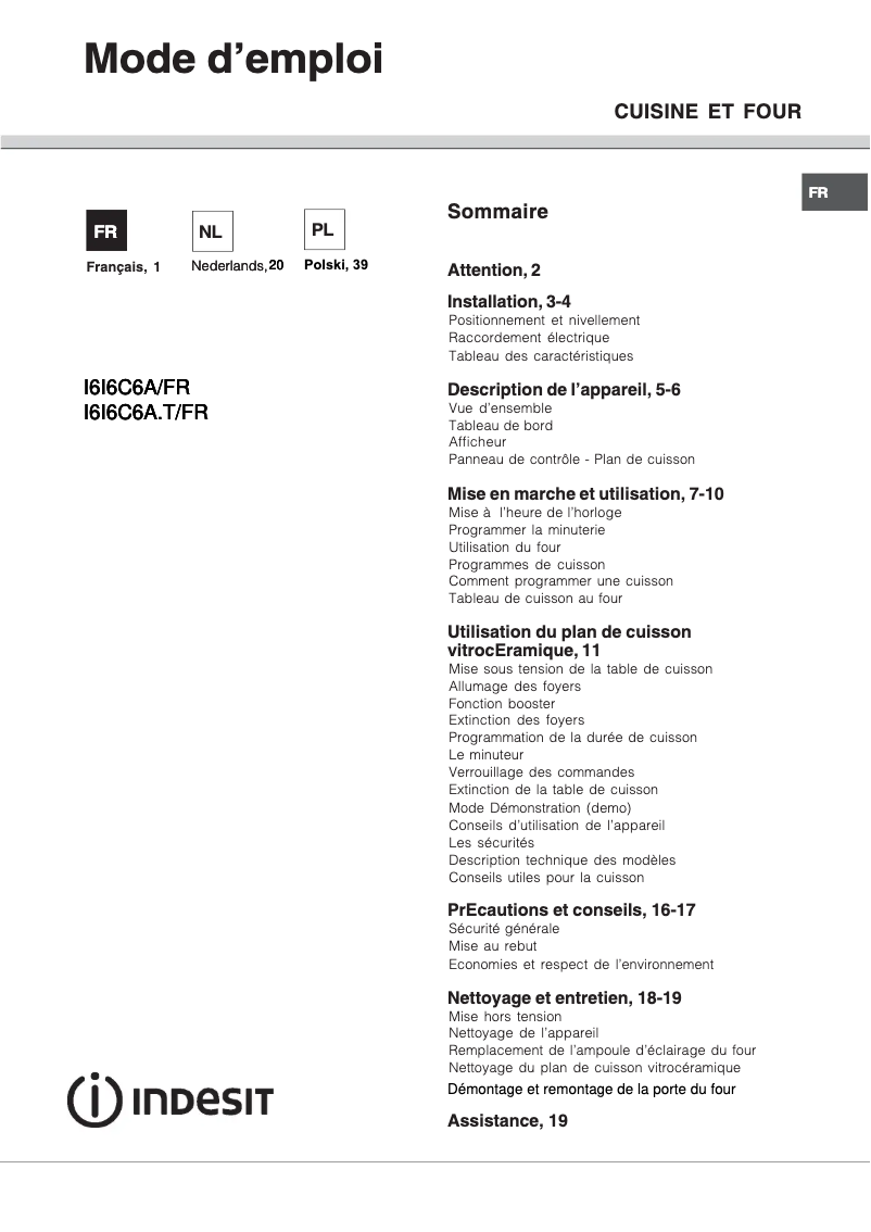 Page 1 de la notice Manuel utilisateur Indesit I6I6C6A.T(X)/FR