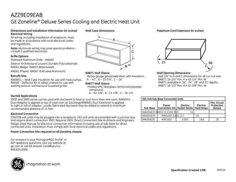 Page 1 de la notice Fiche technique GE AZ29E09EAB