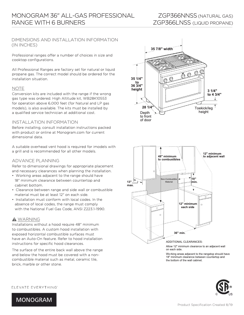 Page 1 de la notice Fiche technique Monogram ZGP366NN